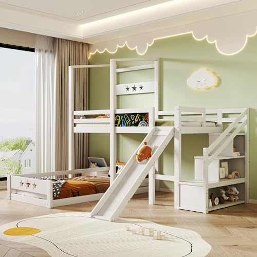 VSOGA Kinderbett Etagenbett mit Tafel und Rutsche, Treppe mit Stauraum, 90x200 cm Einzelbett mit Rausfallschutz, Hochbett für Kinder, 2X Lattenrost, Weiß von VSOGA