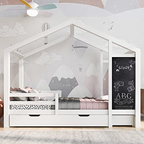 VSOGA Kinderbett Hausbett 90 x 200 cm, Holzbett mit Tafel, Zaun und Lattenrost, Weiß (ohne Matratze) von VSOGA