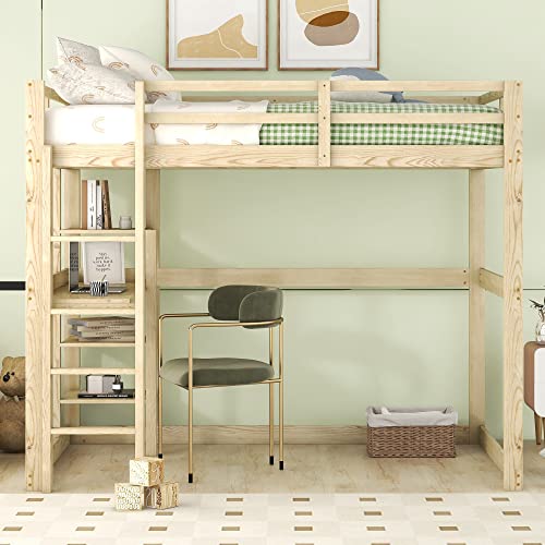 VSOGA Kinderbett Hochbett Bettgestell mit Stauraum, komplett aus Kiefer, mit 4 Ablagefächern und Einer Schreibtischplatte, Natur, 140 X 200 cm von VSOGA