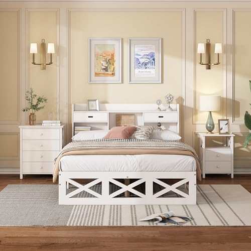 VSOGA Komplettschlafzimmer-Set, Modernes Design Holzbett + Nachttisch + Kommode, 140x200 cm Doppelbett mit Aufbewahrungsfunktion, Weiß von VSOGA