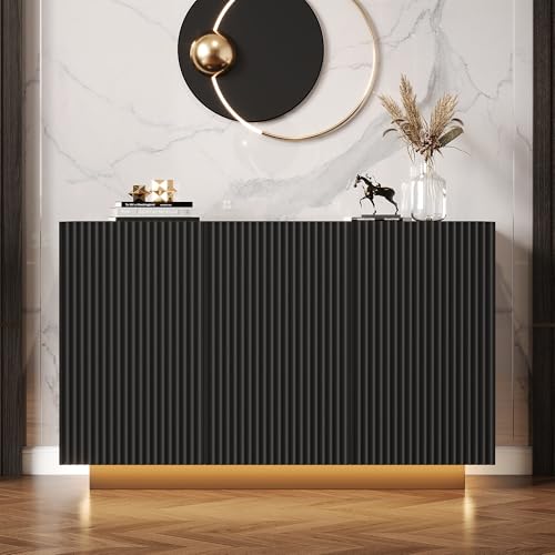 VSOGA LED Kommode Modern Design Sideboard mit Beleuchtung Schwarz Marmor Optik Smart Wohnzimmerschrank Bluetooth Steuerung Vertikale Streifen Anrichte 120cm Aufbewahrungsschrank von VSOGA