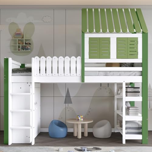 VSOGA Loft Bed, Kids Bed with Safety Rails, roof & Window, Ample Storage with Wardrobe, Triple Open Shelves, 3-Step Ladder, Pine + MDF + Plywood, White + Green, 90x200 cm von VSOGA