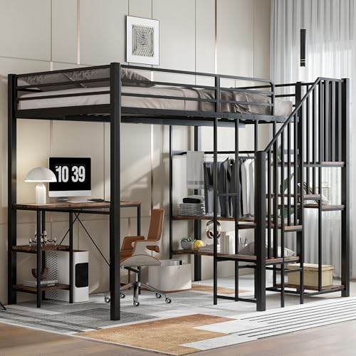 VSOGA Metal bunk Bed 120x200 cm, Kids & Teens, Corner Ladder with Storage, Desk & Shelves, Open Wardrobe, Metal + MDF, Black + Vintage Wood Color VSOGA Metal bunk Bed 120x200 cm, Kids & Teens, Corner Ladder with Storage, Desk & Shelves, Open Wardrobe, Metal + MDF, Black + Vintage Wood Color von VSOGA
