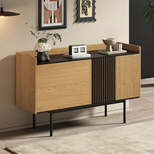 VSOGA Minimalistisches Sideboard mit 2 Schubladen & verstellbarem Regal – Modernes Design in Naturholz & Schwarz für Wohn- und Esszimmer von VSOGA