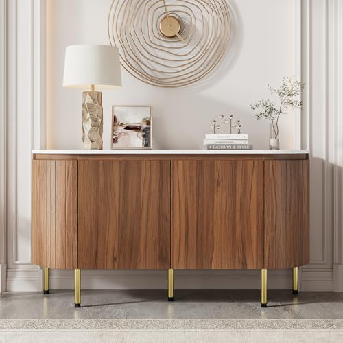 VSOGA Moderner bogenförmiger Sideboard mit verstellbaren Regalen & Metallbeinen – Wohnzimmer & Esszimmer, Nussbaum von VSOGA