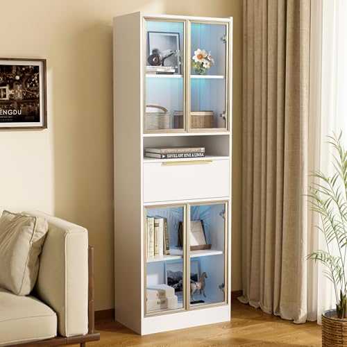 VSOGA Moderner weißer Hochschrank 60×35×180 cm mit 16-Farb-LED & Bluetooth – Vitrine mit Glasfront & Schublade – Wohnzimmer, Büro, Schlafzimmer von VSOGA