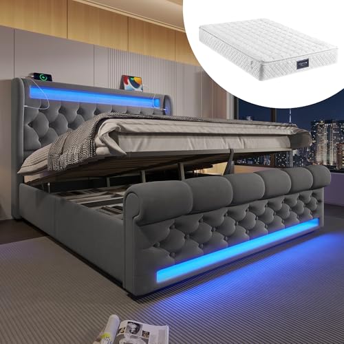 VSOGA Modernes 140x200 Polsterbett mit LED-Leuchten, Stauraum-Kopfteil, USB- & Typ-C-Anschlüssen, hydraulisches Bettgestell, Samt, Grau, inkl. Matratze VSOGA Modernes 140x200 Polsterbett mit LED-Leuchten, Stauraum-Kopfteil, USB- & Typ-C-Anschlüssen, hydraulisches Bettgestell, Samt, Grau, inkl. Matratze von VSOGA