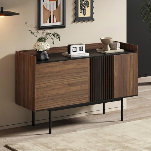 VSOGA Modernes Sideboard mit 2 Schubladen & verstellbarem Regal – Minimalistisches Design in Nussbaum & Schwarz für Wohnzimmer von VSOGA