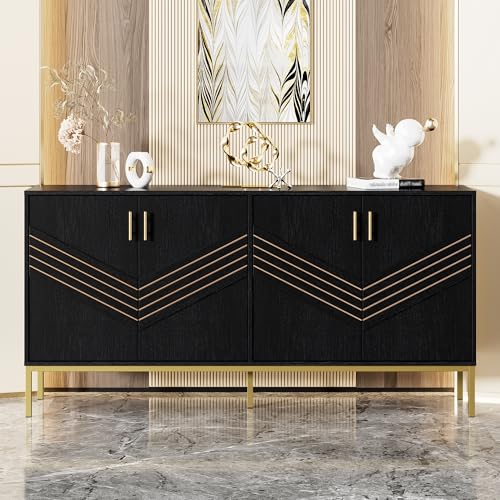 VSOGA Modernes Sideboard mit 4 Türen, höhenverstellbaren Regalen, MDF-Korpus & Metallbeinen – Schwarz & Gold für Wohnzimmer oder Flur VSOGA Modernes Sideboard mit 4 Türen, höhenverstellbaren Regalen, MDF-Korpus & Metallbeinen – Schwarz & Gold für Wohnzimmer oder Flur von VSOGA