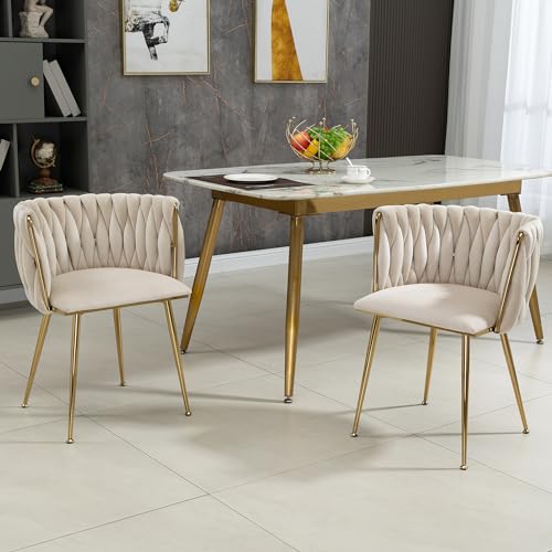 VSOGA Modernes luxuriöses Samt-Esszimmerstuhl-Set mit goldenen Metallbeinen, elegantem handgewebtem Design und weichen Kissen für Esszimmer, Wohnzimmer und Schlafzimmer (2er-Set) von VSOGA