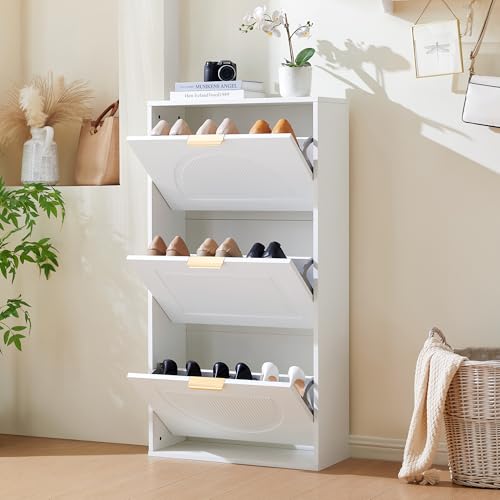 VSOGA Narrow Shoe Cabinet with 3 flip Doors, White Shoe Storage, Shoe Chest for Hallway or Living Room, 60 x 24 x 114 cm von VSOGA