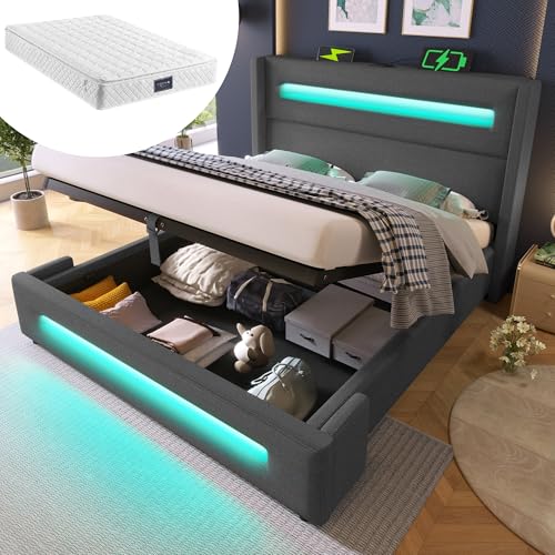 VSOGA Polster-Doppelbett 140x200 cm, Jugendbett mit LED, hydraulischem Stauraum, USB Type-C, Metallrahmen, Holzlattenrost, Leinen Grau, mit Matratze VSOGA Polster-Doppelbett 140x200 cm, Jugendbett mit LED, hydraulischem Stauraum, USB Type-C, Metallrahmen, Holzlattenrost, Leinen Grau, mit Matratze von VSOGA