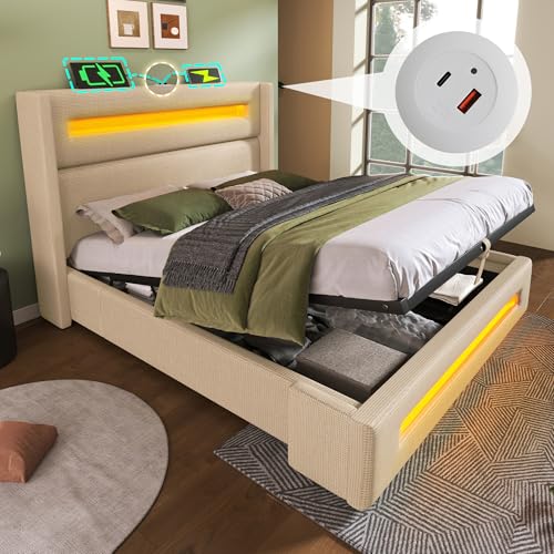 VSOGA Polster-Doppelbett 180x200 cm, Jugendbett mit LED, hydraulischem Stauraum, USB Type-C, Metallrahmen, Holzlattenrost, Leinen, Beige, ohne Matratze VSOGA Polster-Doppelbett 180x200 cm, Jugendbett mit LED, hydraulischem Stauraum, USB Type-C, Metallrahmen, Holzlattenrost, Leinen, Beige, ohne Matratze von VSOGA