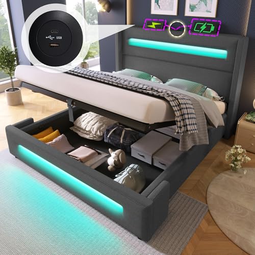 VSOGA Polster-Doppelbett 180x200 cm, Jugendbett mit LED, hydraulischem Stauraum, USB Type-C, Metallrahmen, Holzlattenrost, Leinen Grau, ohne Matratze VSOGA Polster-Doppelbett 180x200 cm, Jugendbett mit LED, hydraulischem Stauraum, USB Type-C, Metallrahmen, Holzlattenrost, Leinen Grau, ohne Matratze von VSOGA