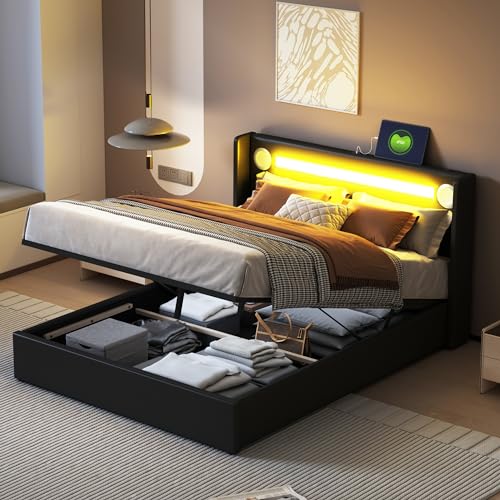 VSOGA Polsterbett 140x200 Bett mit LED-Lichtleiste, Bluetooth-Player und USB-Aufladung, Stauraumbett aus PU-Leder, Hochbettkasten, Doppelbett mit Lattenrost Schwarz von VSOGA