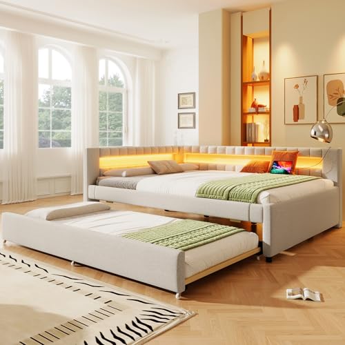 VSOGA Polsterbett 140x200cm mit LED-Fernbedienung am Fußteil, Ausziehbett ohne Matratze, USB + Type-C, Leinenbezug, Beige VSOGA Polsterbett 140x200cm mit LED-Fernbedienung am Fußteil, Ausziehbett ohne Matratze, USB + Type-C, Leinenbezug, Beige von VSOGA