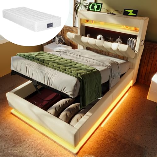 VSOGA Polsterbett Einzelbett 90x200cm, Stauraum-Kopfteil mit USB & Typ-C, LED-Beleuchtung an Kopf- und Fußteil, hydraulischer Stauraum, Beige, Leinen, mit Matratze VSOGA Polsterbett Einzelbett 90x200cm, Stauraum-Kopfteil mit USB & Typ-C, LED-Beleuchtung an Kopf- und Fußteil, hydraulischer Stauraum, Beige, Leinen, mit Matratze von VSOGA