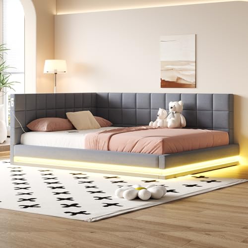 VSOGA Polsterbett Schlafsofa 160x200cm, Multifunktionsbett mit LED-Lichtleiste, USB-Anschluss, Lattenrost, hautfreundlicher Samtstoff, Grau von VSOGA