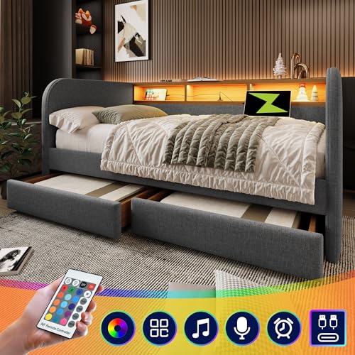 VSOGA Polsterbett Tagesbett 140x190 cm, Schlafsofa mit LED und USB-C Ladefunktion, Daybett mit 2 Schubladen und Stauraum-Kopfteil, Leinen, Grau (Ohne Matratze) von VSOGA