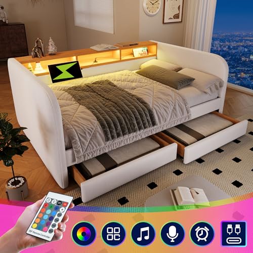 VSOGA Polsterbett Tagesbett 140x190 cm, Schlafsofa mit LED und USB-C Ladefunktion, Daybett mit 2 Schubladen und Stauraum-Kopfteil, Leinen, Hellbeige (Ohne Matratze) von VSOGA