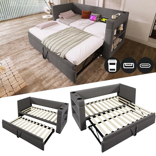 VSOGA Polstertes Daybett 90x190 cm mit Ausziehbett, USB- & Type-C-Ladeanschluss, Getränkehalter – Leinen-Mischgewebe, Grau, ohne Matratze von VSOGA