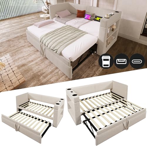 VSOGA Polstertes Daybett 90x200 cm mit Ausziehbett, Armlehnen mit USB- & Type-C-Anschluss, Getränkehalter – Leinen-Mischgewebe Beige, ohne Matratze VSOGA Polstertes Daybett 90x200 cm mit Ausziehbett, Armlehnen mit USB- & Type-C-Anschluss, Getränkehalter – Leinen-Mischgewebe Beige, ohne Matratze von VSOGA