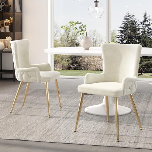 VSOGA Samt-Esszimmerstuhl, 2er-Set, luxuriöser Wohnzimmer-Schlafzimmer-Loungesessel mit Vier goldfarbenen Metallstützbeinen, Beige von VSOGA