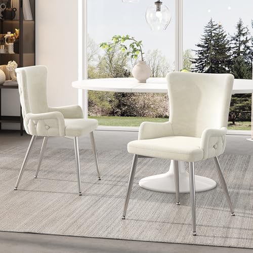 VSOGA Samt-Esszimmerstuhl, 2er-Set, luxuriöser Wohnzimmer-Schlafzimmer-Loungesessel mit Vier silberfarbenen Metallstützbeinen, Beige von VSOGA
