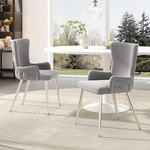 VSOGA Samt-Esszimmerstuhl, 2er-Set, luxuriöser Wohnzimmer-Schlafzimmer-Loungesessel mit Vier silberfarbenen Metallstützbeinen, Grau von VSOGA