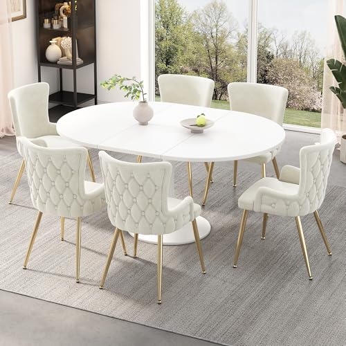 VSOGA Samt-Esszimmerstuhl, 6er-Set, luxuriöser Wohnzimmer-Schlafzimmer-Loungesessel mit Vier goldfarbenen Metallstützbeinen, Beige von VSOGA