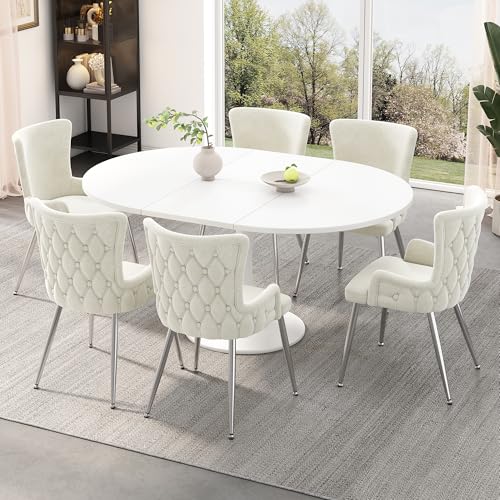 VSOGA Samt-Esszimmerstuhl, 6er-Set, luxuriöser Wohnzimmer-Schlafzimmer-Loungesessel mit Vier silberfarbenen Metallstützbeinen, Beige von VSOGA