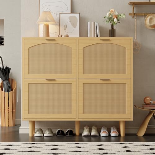 VSOGA Shoe Cabinet with 4 flip Drawers, Rattan Shoe Chest with Metal Handles, Hallway and Bedroom Furniture, Country Style, 100x25x90 cm von VSOGA