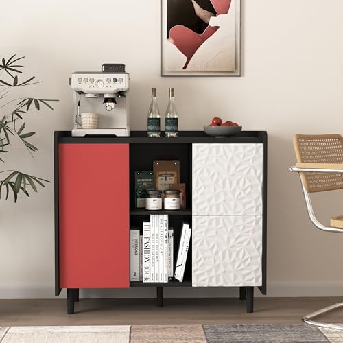 VSOGA Sideboard-Buffetschrank Schwarz mit roten Türen, 2 Schubladen & 2 offene Lagerfächer – Moderner Kaffeebarschrank für Küche & Esszimmer VSOGA Sideboard-Buffetschrank Schwarz mit roten Türen, 2 Schubladen & 2 offene Lagerfächer – Moderner Kaffeebarschrank für Küche & Esszimmer von VSOGA