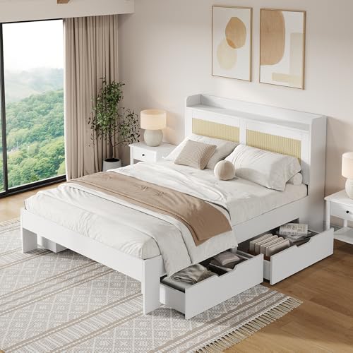 VSOGA Storage Bed 140x200 cm, solid Wood Double Bed with Rattan Decor, Drawers, Mattress Excluded, Suitable for Adults and Teens, White von VSOGA