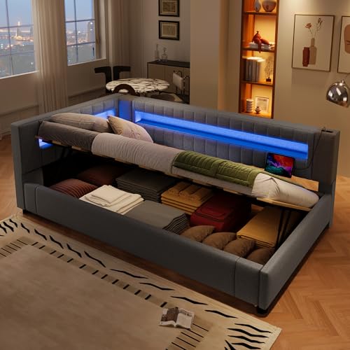 VSOGA Upholstered Bed 90x200 cm, LED Light Strip with Remote, Hydraulic Storage, no Mattress, USB + Type-C, Linen, Gray VSOGA Upholstered Bed 90x200 cm, LED Light Strip with Remote, Hydraulic Storage, no Mattress, USB + Type-C, Linen, Gray von VSOGA