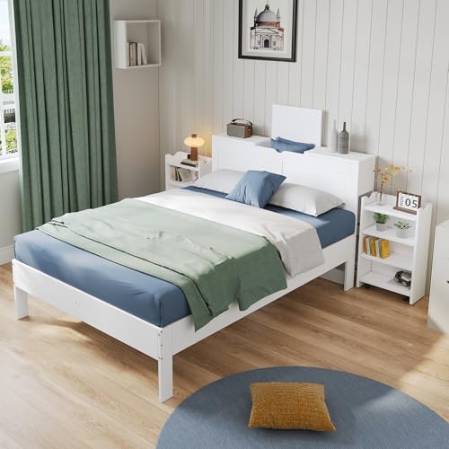 VSOGA Wooden Double Bed 140x200 cm with slatted Frame and headboard, Youth Bed with 2 Pull-Out nightstands, headboard Storage, Suitable for Adults and Teens, Easy Assembly, White VSOGA Wooden Double Bed 140x200 cm with slatted Frame and headboard, Youth Bed with 2 Pull-Out nightstands, headboard Storage, Suitable for Adults and Teens, Easy Assembly, White von VSOGA