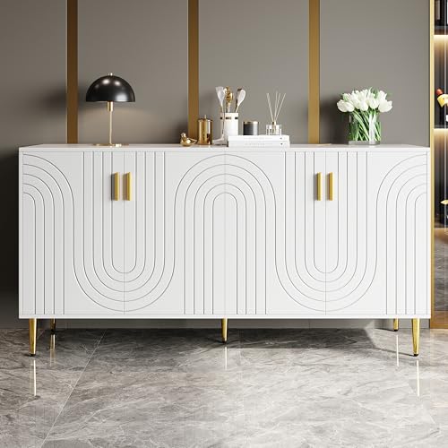 Weißes Sideboard 152 x 40 x 75 cm, Wellendesign, goldene Griffe, eleganter Essbereich von VSOGA