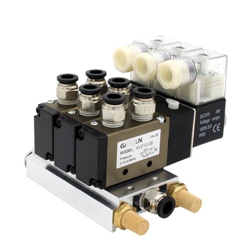 4V210-08 DC24V 12V AC220V AC110V 2 Positionen 5-Wege-Vierfach-Magnetventil Aluminium-Basismontage Schalldämpfer-Set 3 4 5 6 Stationen 1 Stück(Ac220v 4mm Fittings) von VSPPJYFG