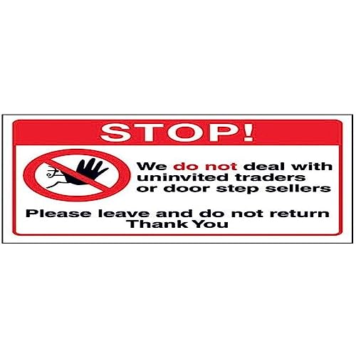 V Safety DP085AR-S Stopp Schild mit der Aufschrift We Do Not Deal with Uninvited Traders 200 mm x 150 mm, selbstklebendes Vinyl, rot, 200mm x 150mm von VSafety
