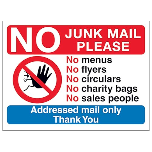 V Safety No Access Symbol: No Junk Mail Please, No Menus, No... 150 x 100 mm, 3 mm Aluminiumverbund-Sicherheitsschild V Safety No Access Symbol: No Junk Mail Please, No Menus, No... 150 x 100 mm, 3 mm Aluminiumverbund-Sicherheitsschild von VSafety