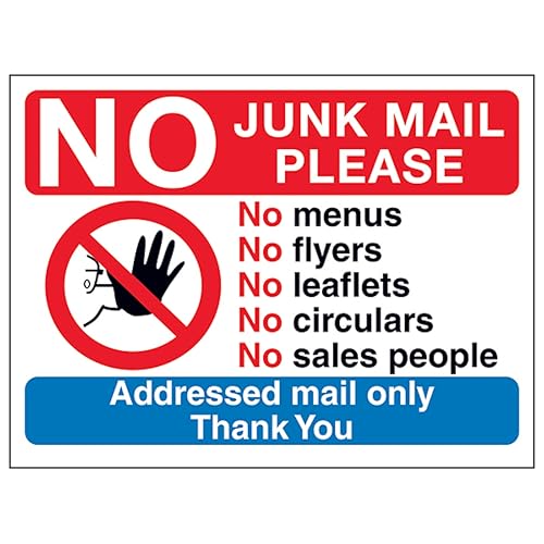 V Safety No Access Symbol: No Junk Mail Please, No Menus... 200 x 150 mm, 3 mm Aluminiumverbund-Sicherheitsschild V Safety No Access Symbol: No Junk Mail Please, No Menus... 200 x 150 mm, 3 mm Aluminiumverbund-Sicherheitsschild von VSafety