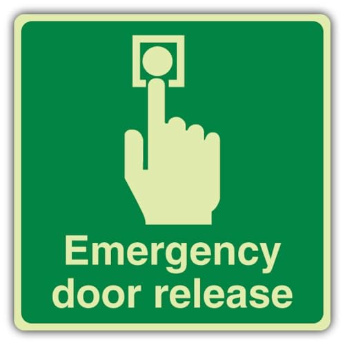 V Safety Photolumineszierendes Sicherheitsschild "Emergency Door Release", quadratisch, 450 x 450 mm, 1,2 mm starrer Kunststoff, dreifach leuchtend von VSafety