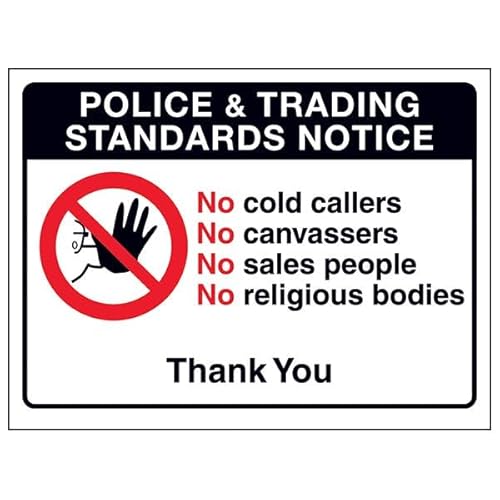V Safety Police & Trading Standards Notice, No Cold Callers...Thank You, selbstklebendes Vinyl, Aluminium-Effekt, 200 x 150 mm von VSafety