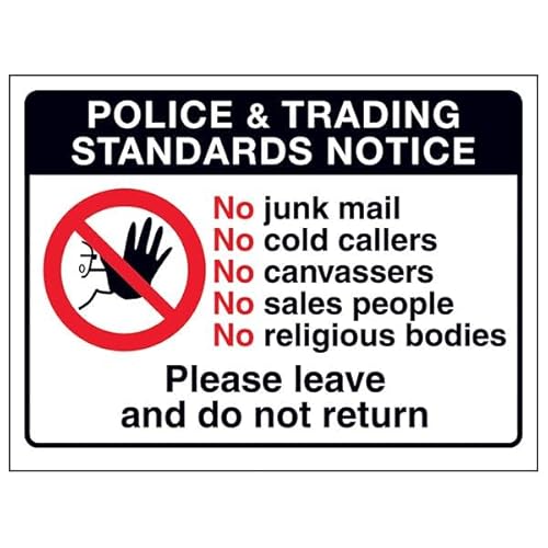V Safety Police & Trading Standards...No Junk Mail, No Cold Callers... 150 x 100 mm – 3 mm Sicherheitsschild aus gebürstetem Aluminium-Verbundwerkstoff V Safety Police & Trading Standards...No Junk Mail, No Cold Callers... 150 x 100 mm – 3 mm Sicherheitsschild aus gebürstetem Aluminium-Verbundwerkstoff von VSafety
