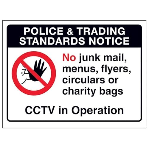 V Safety Police & Trading...No Junk Mail, Menus...CCTV in Operation, 200 x 150 mm – 3 mm Sicherheitsschild aus gebürstetem Aluminium-Verbundwerkstoff von VSafety