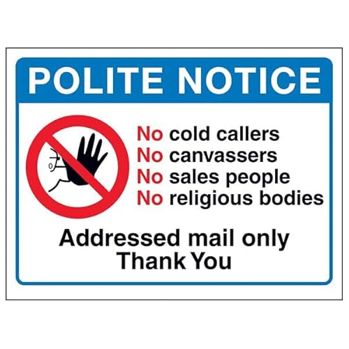 V Safety Polite Notice, No Cold Callers...Addressed Mail Only, Thank You, 150 x 100 mm, 3 mm, Sicherheitsschild aus gebürstetem Aluminiumverbundstoff V Safety Polite Notice, No Cold Callers...Addressed Mail Only, Thank You, 150 x 100 mm, 3 mm, Sicherheitsschild aus gebürstetem Aluminiumverbundstoff von VSafety