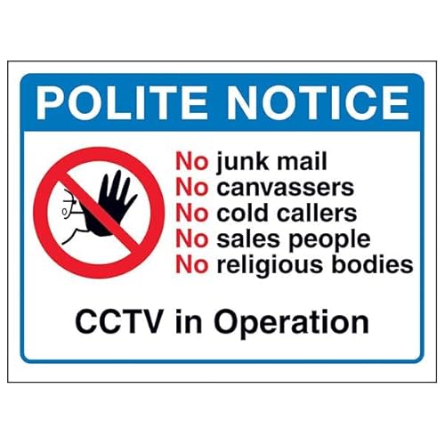 V Safety Polite Notice, No Junk Mail, No Canvassers, No...CCTV in Operation, selbstklebendes Vinyl, Aluminium-Effekt, 150 x 100 mm von VSafety