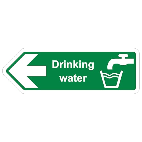 V Safety Safe Drinking Water Pfeil links – geformtes Schild 300 x 100 mm – selbstklebendes Vinyl – Sicherheitsschild in Aluminiumoptik von VSafety