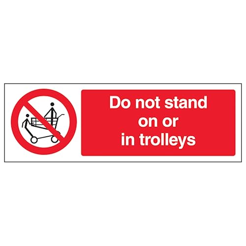 V Safety Schild mit Aufschrift "Do Not Stand On Or In Trolleys", Querformat, 300 x 100 mm, selbstklebendes Vinyl, Aluminium-Effekt von VSafety