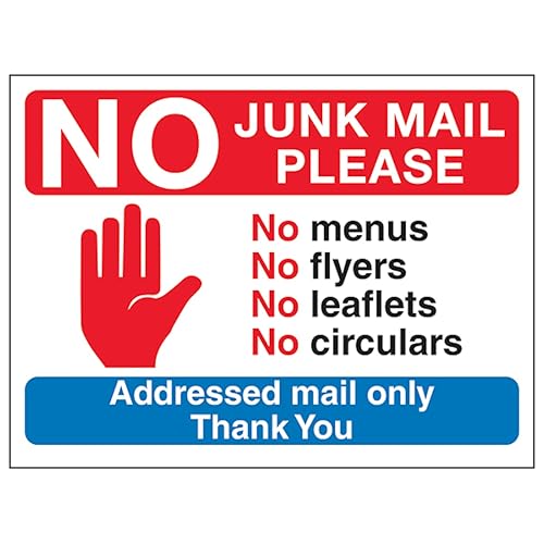 V Safety Stop Hand Symbol: No Junk Mail Please, No Menus, No Flyers... 200 x 150 mm, 3 mm Aluminiumverbund-Sicherheitsschild V Safety Stop Hand Symbol: No Junk Mail Please, No Menus, No Flyers... 200 x 150 mm, 3 mm Aluminiumverbund-Sicherheitsschild von VSafety